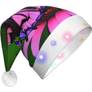 SSIMOO Roze bloem paarse vlinder kerst partij hoed - volwassen gloeiende kerstman hoed met led lichten,Feestelijke partij accessoires