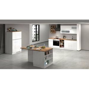 Dmora Complete Baptiste, modulaire set met meerdere elementen, 100% Made in Italy, wit glanzend en eiken, keuken met 2 glazen deuren