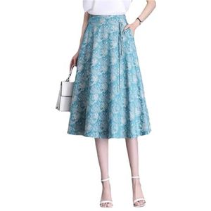 Vrouwen Zomer Gedrukt Halflange Rokken Forens Elegante Rok Hoge Taille Slim Fit A-lijn Paraplu Jurk, Blauw 113, L