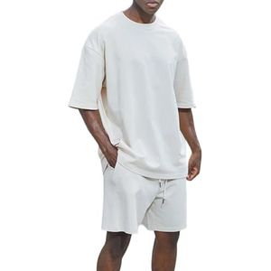Anybird Heren Casual 2-delige outfits Katoen Zomer Korte Mouwen Crew Neck T Shirts En Drawstring Shorts Set,Khaki,3XL
