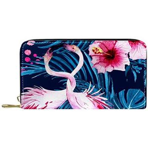 Lederen portemonnee voor heren,grote dames portemonnee voor kaart,blauwe tropische bladeren roze bloem flamingo,Muntzakje met rits