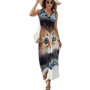 Schattige kat in jeans dames lange jurk mouwloze maxi-jurk zonnejurk strand feestjurken avondjurk 2XL