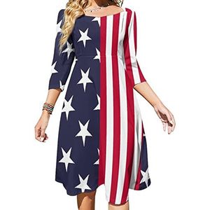 Amerikaanse vlag dames lange mouw swing jurk schattige stropdas terug A-lijn mini zonnejurk