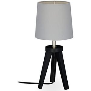 Relaxdays tafellamp tripod, hout & stof, E14, schemerlamp slaapkamer, HxØ: 31x14 cm, moderne nachtkastlamp, zwart/grijs