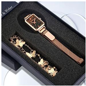 Dames Horloges Mode Vierkante Dames Quartz Horloge Armband Set Groene Dial Simple Rose Gold Mesh Luxury Women Watches (Color : Watch bracelet 121)