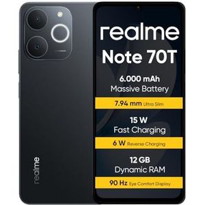 realme Note 70T - Smartphone - Zwart - 4 + 256 GB - 6000 mAh Accu - 90 Hz Display