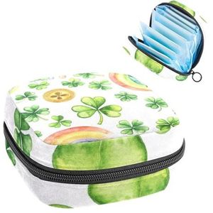 1 x maandverband, grote maandverband, organizer, herbruikbare eerste menstruatietas voor meisjes, dames, dames, 17 x 17 x 12 cm, aquarel St Patrick Day Shamrock Rainbow Munten