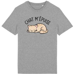 Cat m'épuise T-shirt - voor heren - bedrukt in Frankrijk - 100% biologisch katoen - cadeau voor verjaardagsdieren, origineel grappig, Grijs, S
