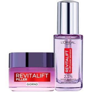 L'Oréal Paris Revitalift Filler Antirimpel Crème Dagbehandeling met Hyaluronzuur + Revitalift Oogcontourserum Verfrissend Effect met Cafeïne van 20ml - 2 Producten