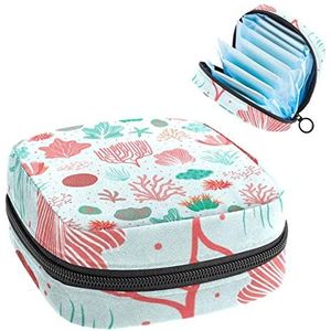 Periode Pouch Draagbare Tampon Opbergtas,Tampon Houder voor Portemonnee Vrouwelijke Product Organizer,Aquarel Koraal Zeewier Groen Roze Blauw Planten, Meerkleurig, 4.7x6.6x6.6 in/12x17x17 cm