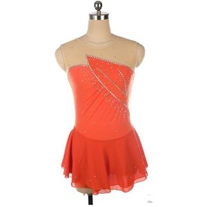 UPPJPBSW Meisjes Ijshockey Schaatsjurk Rekbare Mesh Diamant Haakmouwen Schaatswedstrijd Danskostuum Voor Vrouwen,Oranje,XL