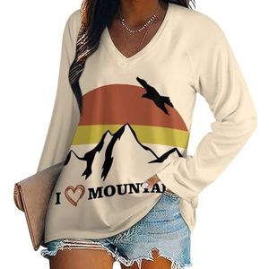 I Love Hiking Mountain Casual T-shirts met lange mouwen voor dames V-hals bedrukte grafische blouses T-shirt tops L