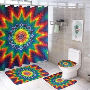 Mandala Tie Dye 4 stuks badkamer sets met douchegordijn toilet deksel cover en tapijten