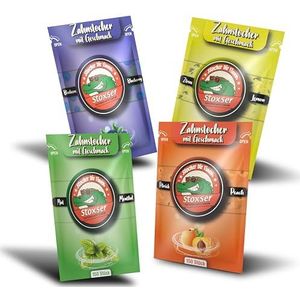 Stoxser Tandenstokers met smaak, verpakking van 4 stuks, perzik en bosbessen en citroen/citroen en mint/menthol, smaakrevolutie, tandenstokers, smaak, geen kauwgom, suikervrij