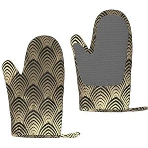 Art Deco Zwarte Champaigne Gouden Schalen Zeeschelpen, Siliconen Ovenwanten Anti-Slip Kookhandschoenen,Hittebestendige Bakwanten Een Paar
