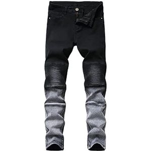 Herengradiënt tweekleurige stiksels zwart wit Skinny Biker Jeans Denim Broek Knie Fold Motorfiets Jeans(32 Code)