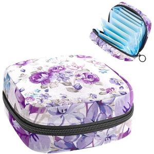 Maandverband Opbergtas, Menstruatiecup Pouch Tampon Bag, Menstruatie Pads Houder Organizer voor Vrouwen Meisjes, Paarse Bloem