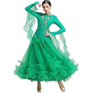 FZHQNZJF Professioneel Wals Dansjurken voor Vrouwen Strass Balzaal Kostuum Foxtrot Flamenco Prestatie Rok Lange Mouw Standaard Tango Concurrentie Danskleding,Groen,3XL