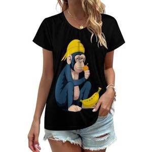 Banana Monkey Anima Dames V-hals T-shirts Leuke Grafische Korte Mouw Casual Tee Tops S