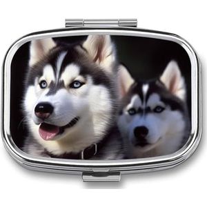 Husky Hondenpillenorganisator, vierkant medicijndoosje met spiegel, dagelijkse pillendozen voor portemonnee, mini-medicijnopslag, containerdoos, compacte pillenhouder voor vitamines