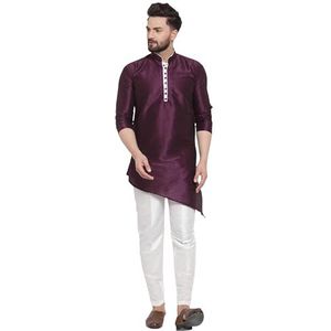 Lakkar Haveli Mannen Indiase traditionele Shirt Kurta Trail Cut Wedding Party Wear Big Tall Pyjama Pant Set Paars Zijde, Paars, L