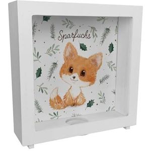 Babyfuchs frame spaarpot van hout met spreuk spaarvarken een schattig spaarvarken voor op het bureau vos kinderen schattige natuur spaarpot bosdieren aquarel kinderkamer