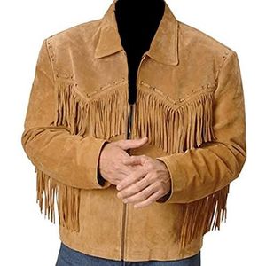 Mens traditionele suède franje lederen jas | Western Cowboy franje jas stijl, Bruin - Fringe Jas, XL