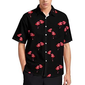 Zwarte achtergrond met rode lippen heren print shirt Regular-fit korte mouwen T-shirts button down Hawaiiaanse tops XL