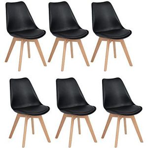 H.J WeDoo Set van 6 Eetkamerstoelen Keukenstoel Scandinavisch, Woonkamerstoel met Gestoffeerde Zitting en Beukenhouten Poten, Zwart