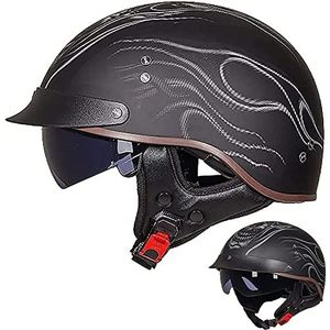 Motorhelm, Vintage motorfiets halve helm DOT/ECE goedgekeurde helmen zonneklep snelsluiting C,XXL(D,M(5556 CM))