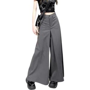 Dames Wijde Pijp Pak Broek Hoge Taille Casual Losse Lange Rechte Palazzo Broek met Zakken,Grijs,L