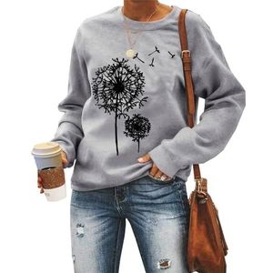 MLZHAN Paardebloem Print Vrouwen Sweatshirt Herfst Winter Ronde hals Lange Mouw Shirt Paardebloemen Truien Sweatshirts Jas Tops, Grijs, S
