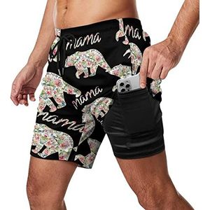 Floral Mama Bear Zwembroek voor heren, sneldrogend, 2-in-1 strandsportbroek met compressieliner en zak