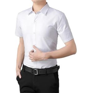 Heren Zomer Zakelijk Dunne Korte Mouwen Shirt Mannen Eenvoudige Mode All-Match Revers Knop Solid Slim Shirt, Wit, M
