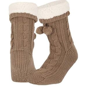 Morethansocks- Dames huissokken met antislip -2-Paar - Donker Beige - Maat 36/41 - Huissokken dames - Fluffy sokken - Slofsokken - Huissokken anti slip - Warme sokken - Winter sokken
