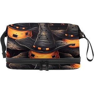 Dubbele Laag Cosmetische Tas Halloween Heks Hoeden Paars Draagbare Make-up Tas Travel Organizer Pouch voor Vrouwen Meisjes Toiletartikelen Tassen, Multi 9, 27x15x14 cm/10.6x5.9x5.5 in, Make-up zakje