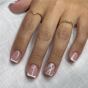 Eenvoudige vierkante nepnagels met geleilijm, roze en witte French press-on nepnagels met kleurverloop, korte nageltips met volledige dekking(3709,S)