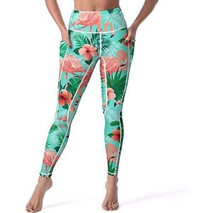Exotic Flamingo's Tropical Palm yogabroek voor dames met zakken, hoge taille, legging panty voor workout gym