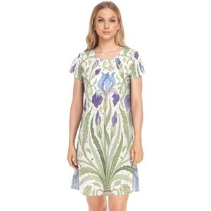 Nexawaveo Iris Bloemen Groen Beige Nachthemden voor Vrouwen Korte Mouw Nachtshirt voor Slapen Pullover Nachtjapon S-2XL, Iris Bloemen Groen Beige, S