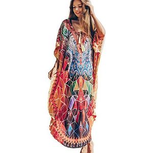LikeJump Kaftanjerk voor dames, katoen, print, kimono, bedekkende losse strandjurk, maxi-jurk, Oranje, Eén Maat