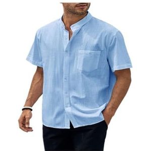 Heren Linnen Katoenen Overhemden Lange Mouwen Normale Pasvorm Casual Effen Overhemd Lichtgewicht Zomer Strand Overhemden Met Zak(Light blue,XXL)