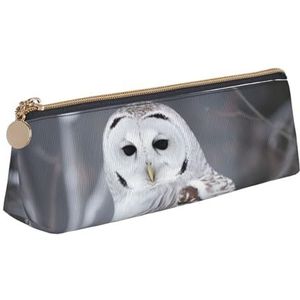 Dwrepo Lederen etui voor vrouwen mannen potlood tas met rits draagbare etui winter witte uil pen tas kleine make-up tas munt zakje voor werk kantoorbenodigdheden