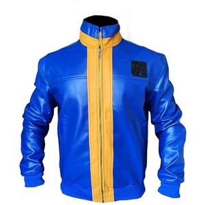 A&M Express Heren Blauw Fallout Faux Lederen 76 Rits Jas - Vault Button Manchetten Video Game Jas Met Zakken, Blauw, S