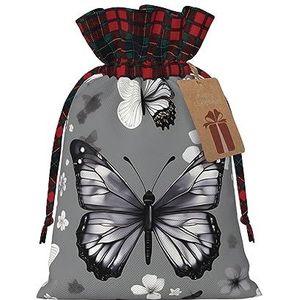 Grijze Teal Butterfly Chic Trekkoord Kerst Gift Tassen, Patchwork Jute Trekkoord Tassen, Herbruikbaar.
