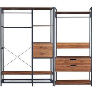 [en.casa] Kledingkast set van 2 Larem open kast met metalen frame 4 lades 2 kledingroedes staand rek zwart en walnootkleurig