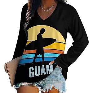 Vintage zonsondergang Guam Surf vrouwen Casual Lange Mouw T-shirts V-hals Gedrukt Grafische Blouses Tee Tops 4XL