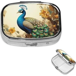 Vierkante pillendoos draagbare metalen pillenetui 2 compartimenten kleine reizen pillenorganisator mooie pauw vitamines houder organizer voor portemonnee zak