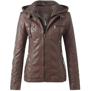 Dames Kunstleer Damesjack Met Capuchon Motorjas Functioneel Dames Met Capuchon Overgangsjack Met Lange Mouwen Outdoorjack Slim Fit Jack,S-7XL Damesjassen(Brown,7XL)