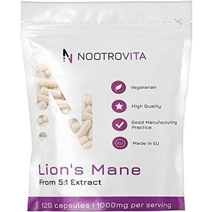 Lions Mane - 120 capsules - 2 maanden! | Dubbel extract 1000 mg (gelijk aan 5.000 mg leeuwenmanenpaddestoel) | Medicinale paddenstoel Hericium Erinaceus | Nootrovita