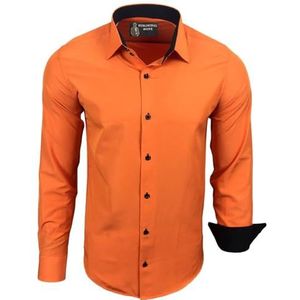 Subliminal Mode: Gemakkelijk te strijken herenoverhemd, met tweekleurige kraag, effen, lange mouwen, smalle pasvorm, zakelijk, cadeau-idee, Kerstmis, valentijnsdag, RN44, Oranje, 6XL